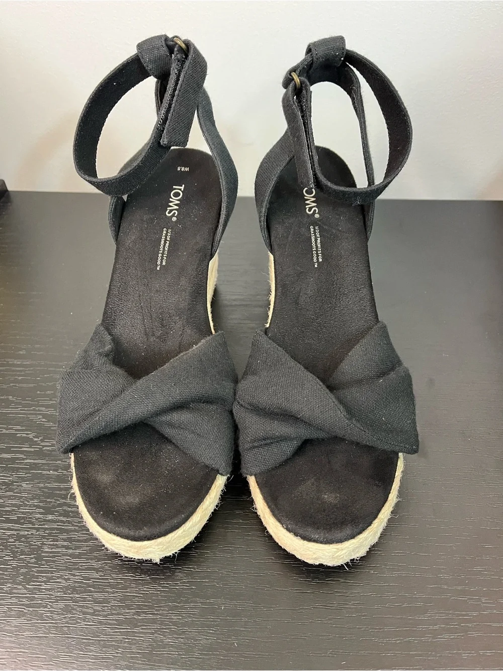 Toms Marisela Black Wedge Espadrille Ankle-Strap Sandals Women’s 8.5